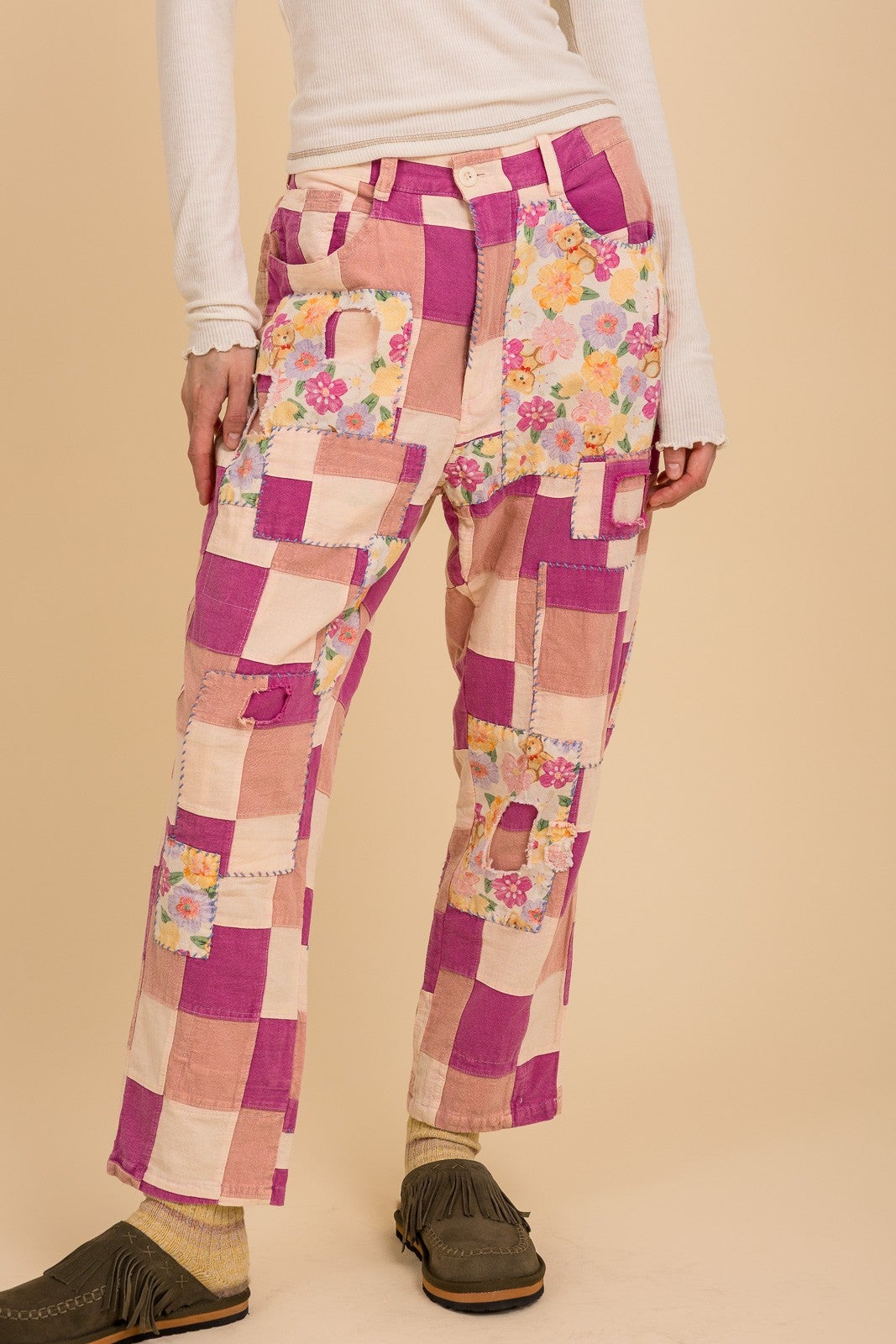 SALE Bluevelvet- Colorblock Board Patch Pants (Peony Pink) *Final Sale*