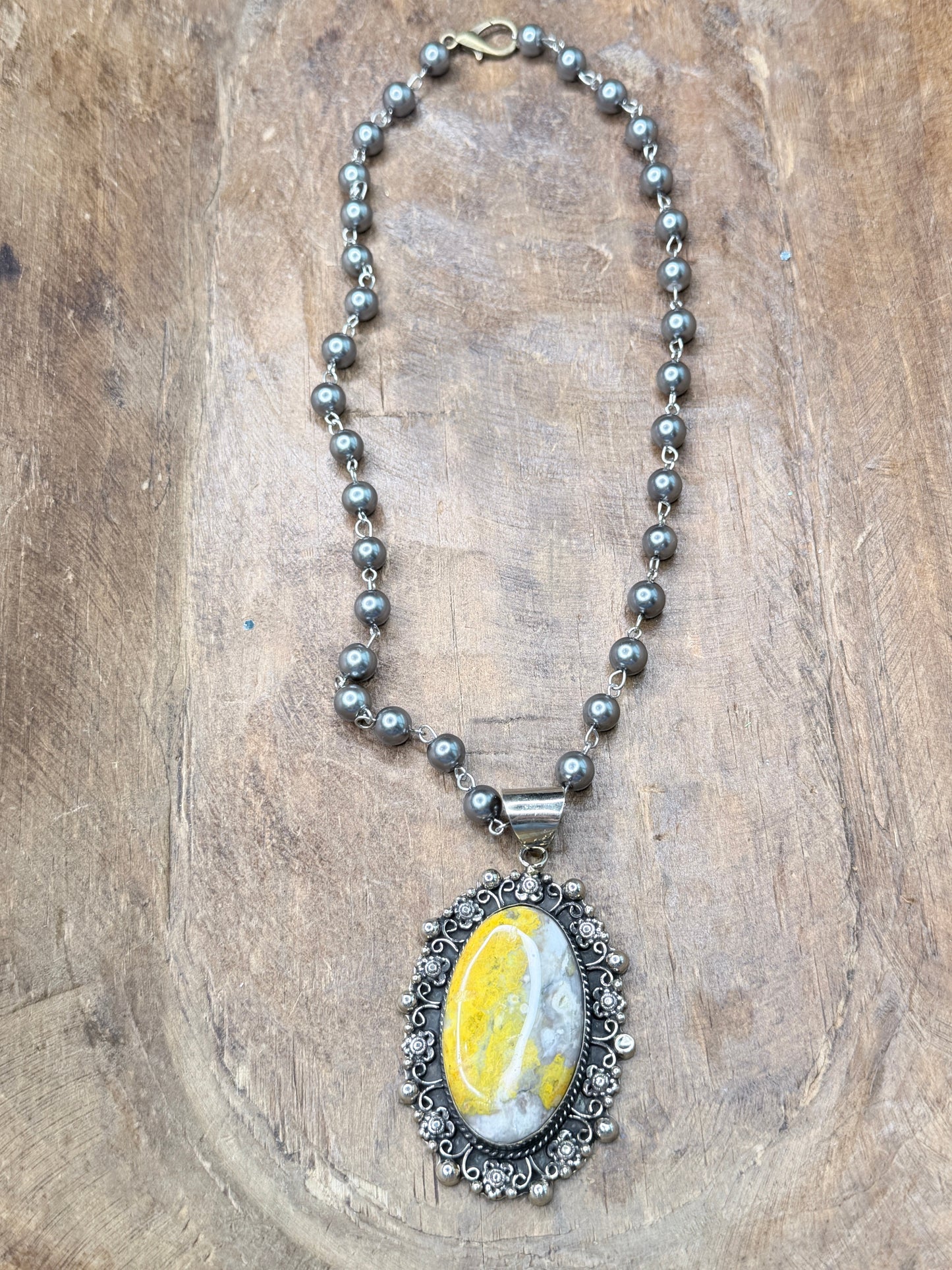 German Silver Bumble Bee Jasper Oval Necklace C