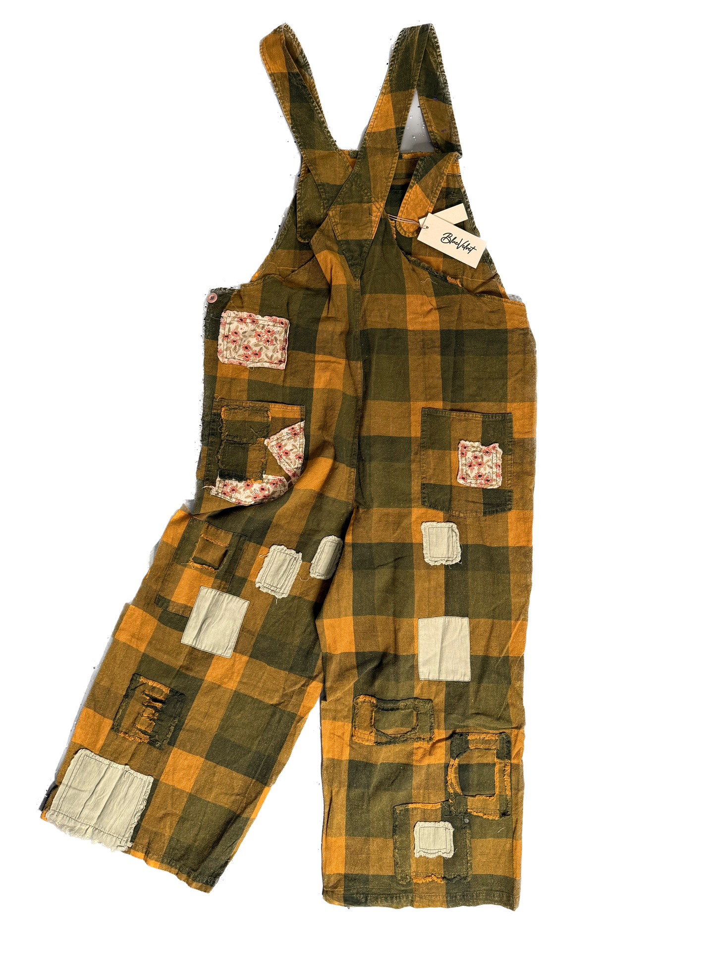 Bluevelvet- Flower Flannel Patchwork Overalls (Green/Yellow) *Final Sale*