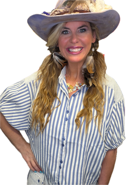 Boxy Striped Button Down Shirt (Denim/Blue)