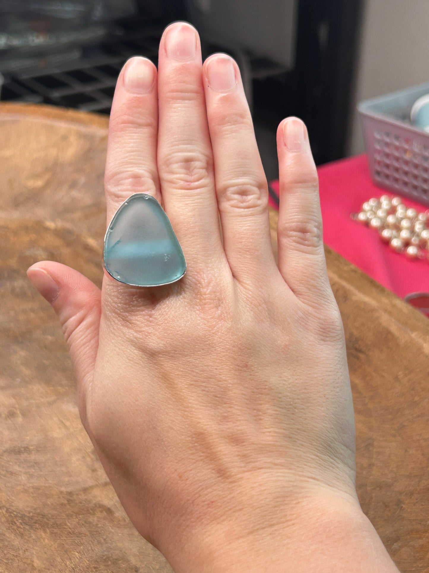 German Silver Natural Blue Sea Glass Ring (Triangular Small)