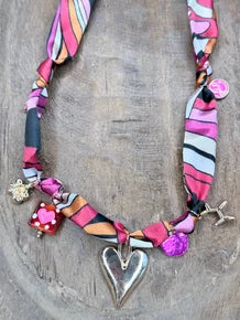 Pink and Gold Heart Charm Scarf Necklace