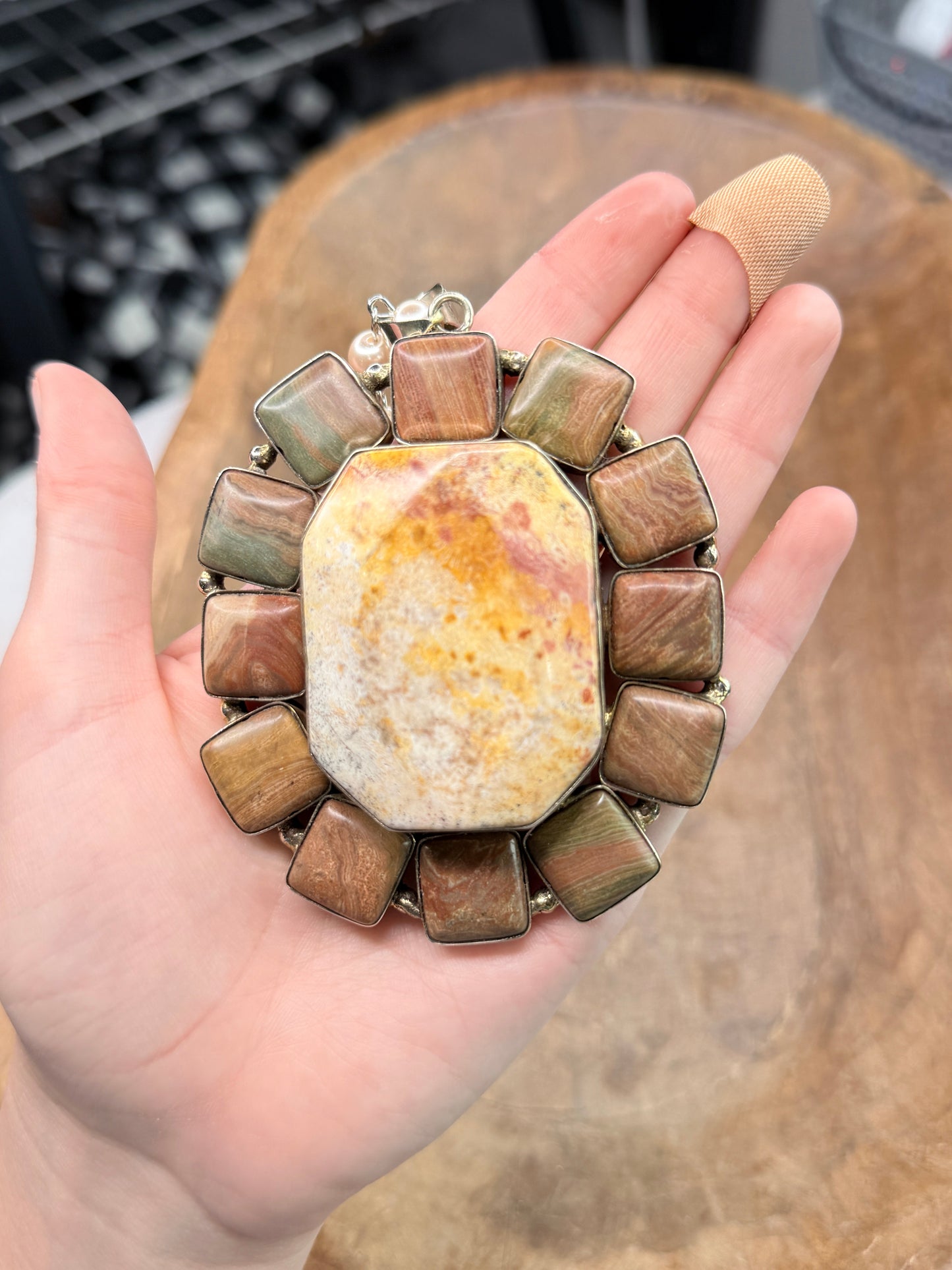 German Silver Jasper and Fossil Agate Necklace