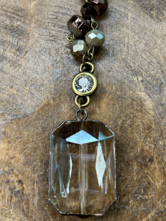 Long Multi-Beaded Brown-Tones Necklace with Pendant