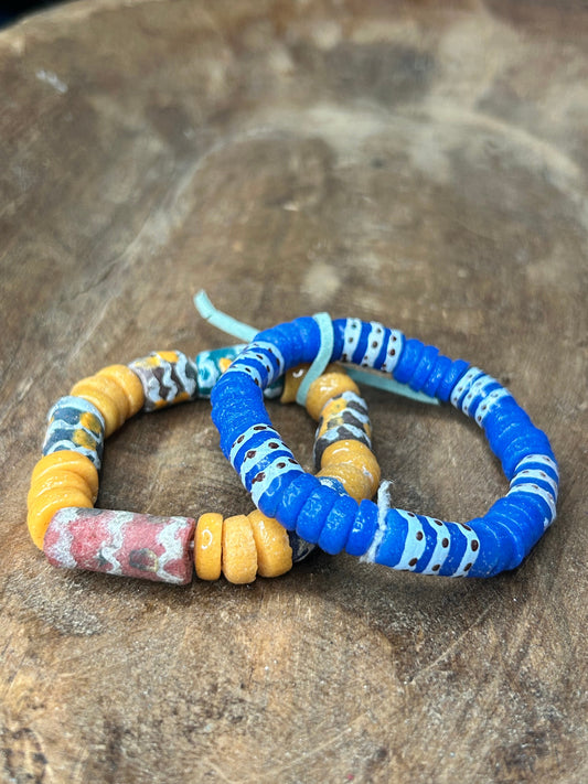 African Glass Bead Bracelet Stack (YELLOW AND BLUE)