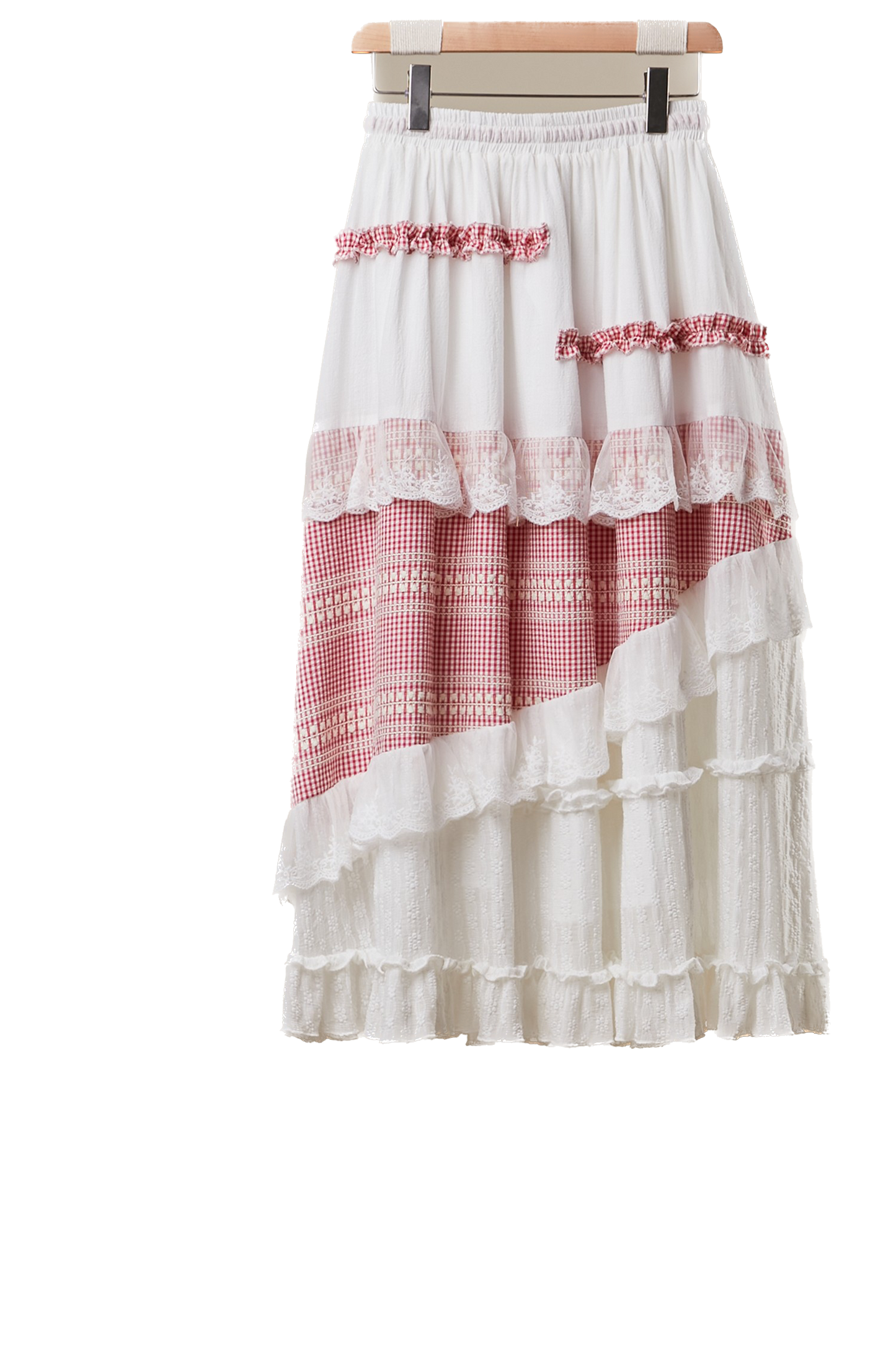Mello- Gingham Lace Ruffle Skirt (Red)