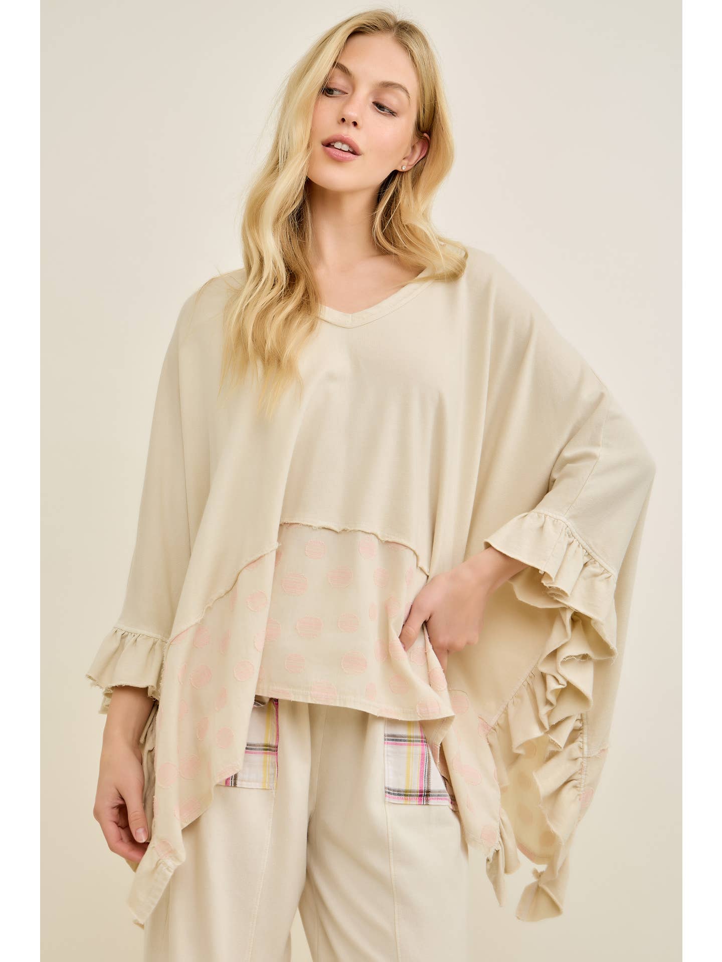 J Her- Washed Polka Dot Poncho Top (Natural)
