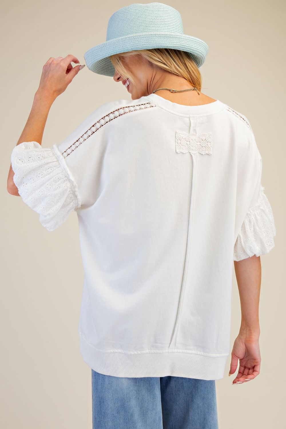 EASEL - Eyelet Sleeve Washed Terry Top (White)
