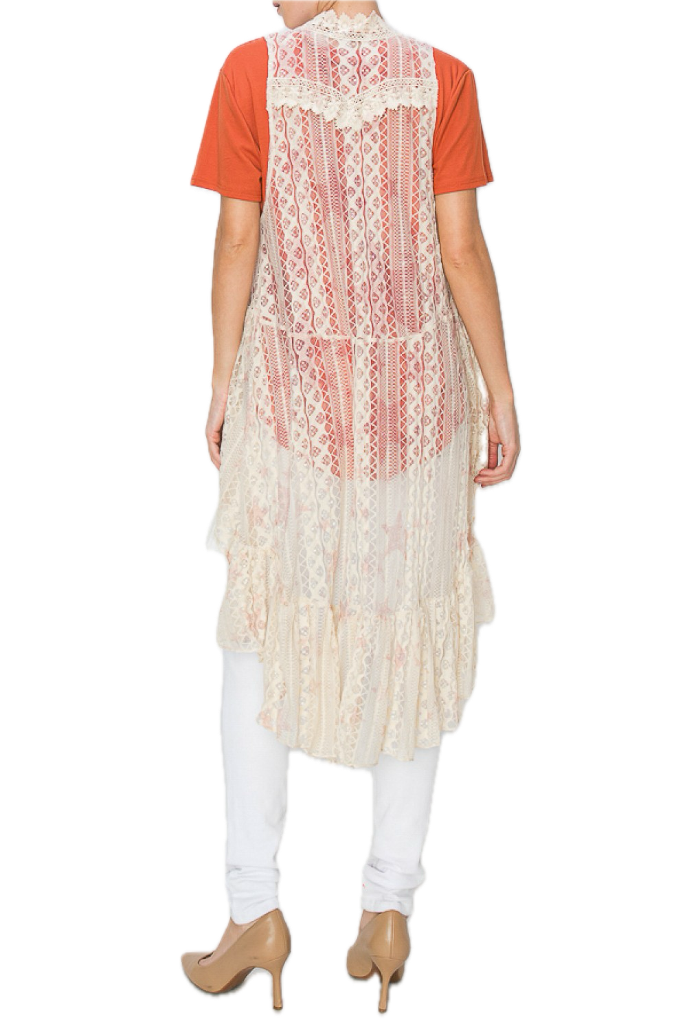 HIGH LOW ALL LACE VEST WITH PRINT