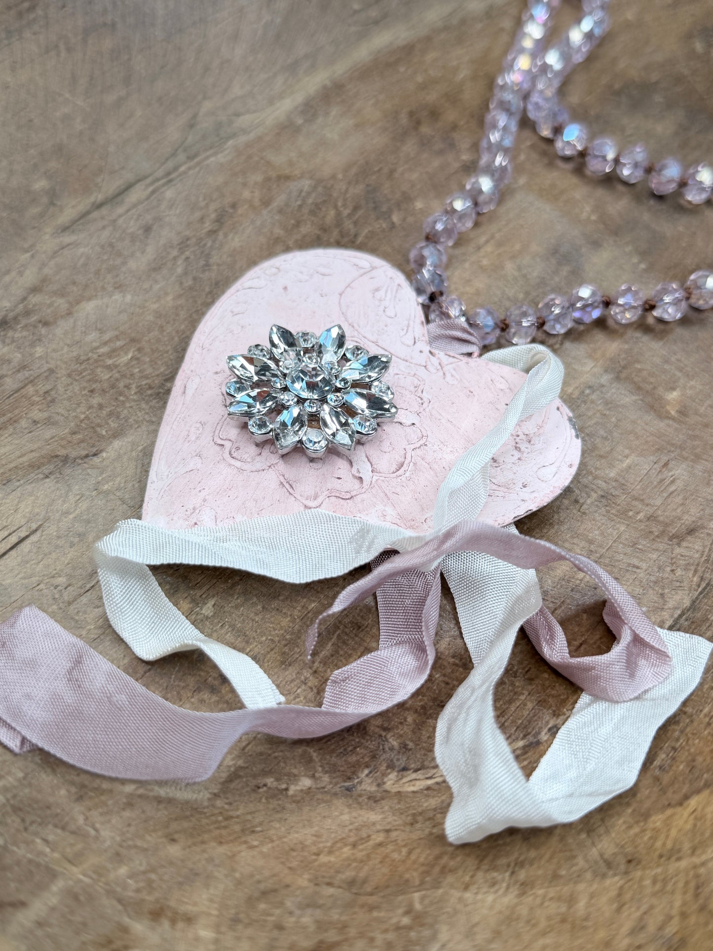 A Rare Bird- Pink Metal and Crystal Heart Necklace