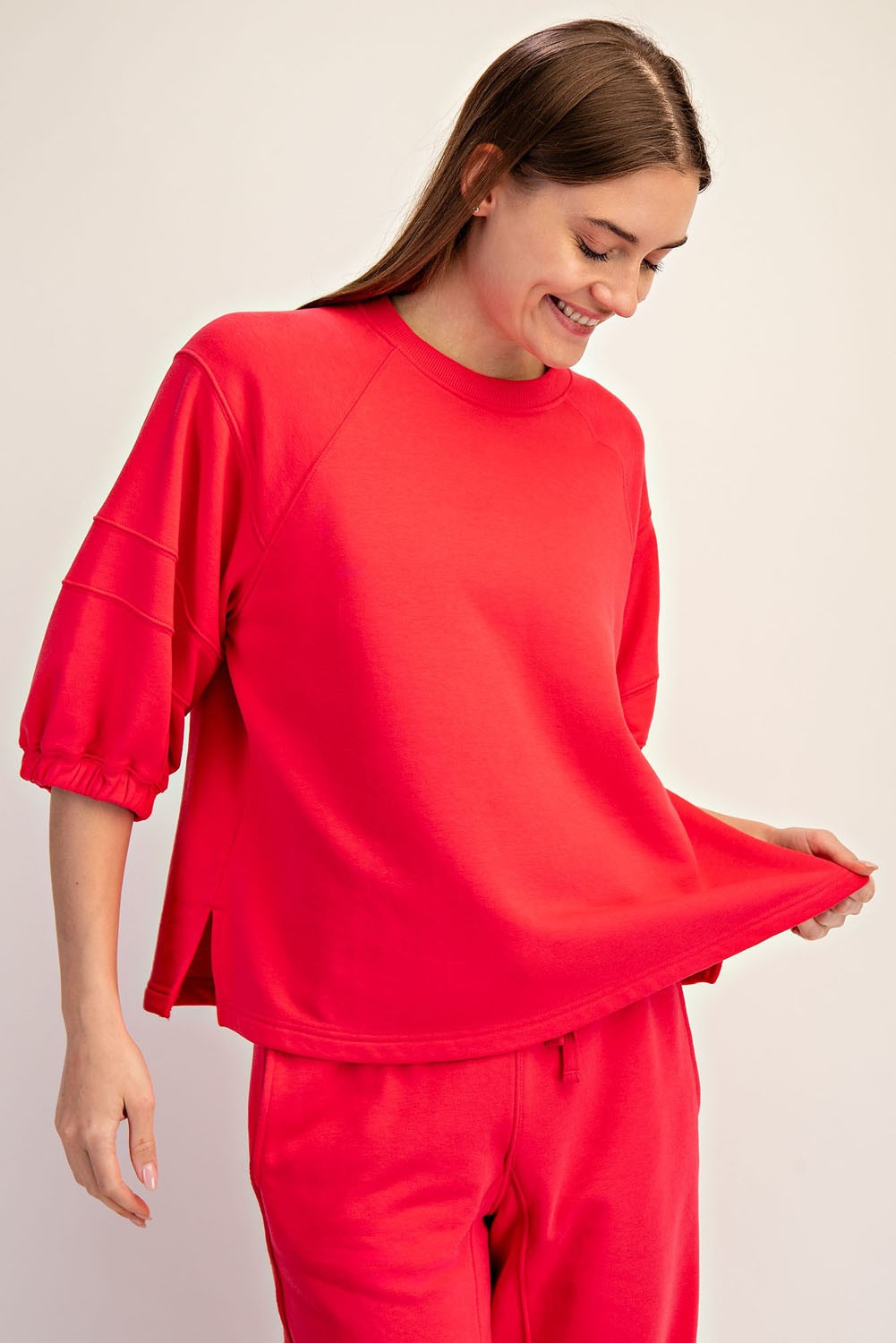French Terry Bubbled Half Sleeve Top (Candy Red) *Final Sale*