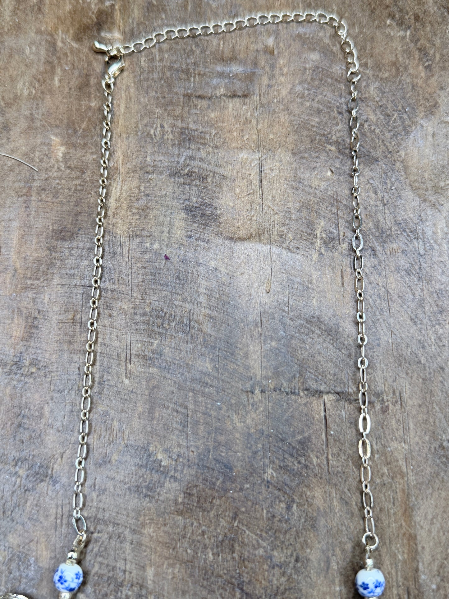 Gold and Blue China Shell Charm Necklace