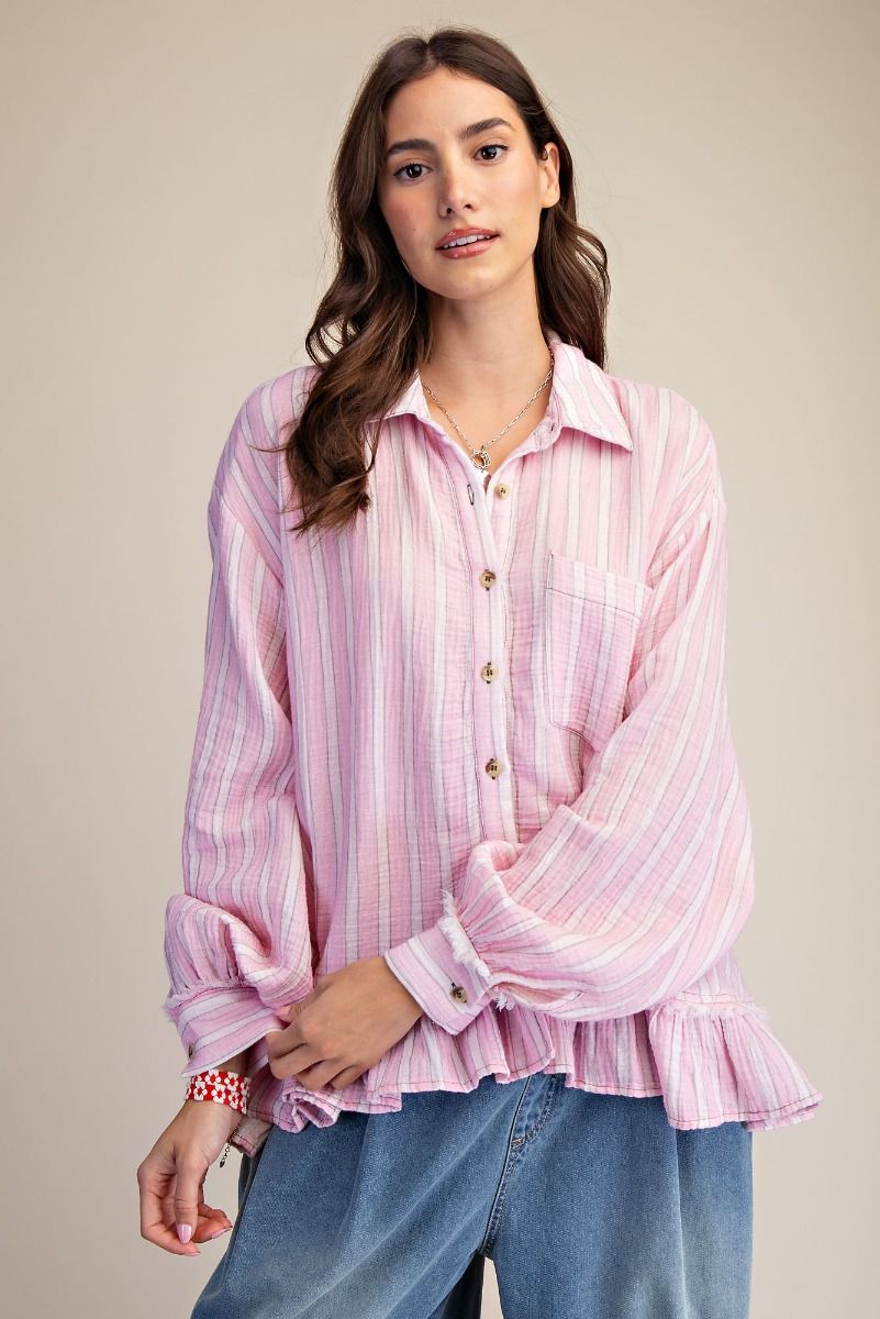 EASEL - Striped Cotton Gauze Ruffle Top (Pink Drink) *Final Sale*