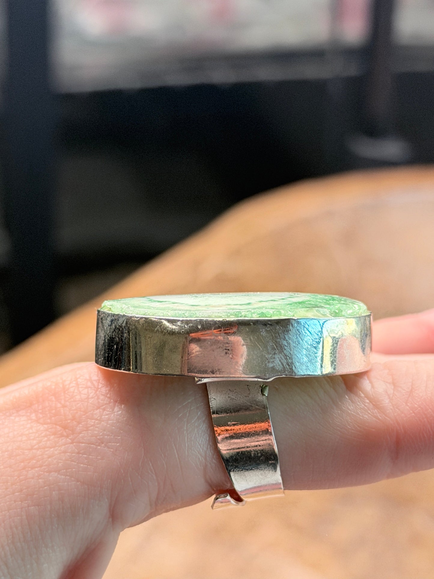 German Silver Green Solar Quartz Ring