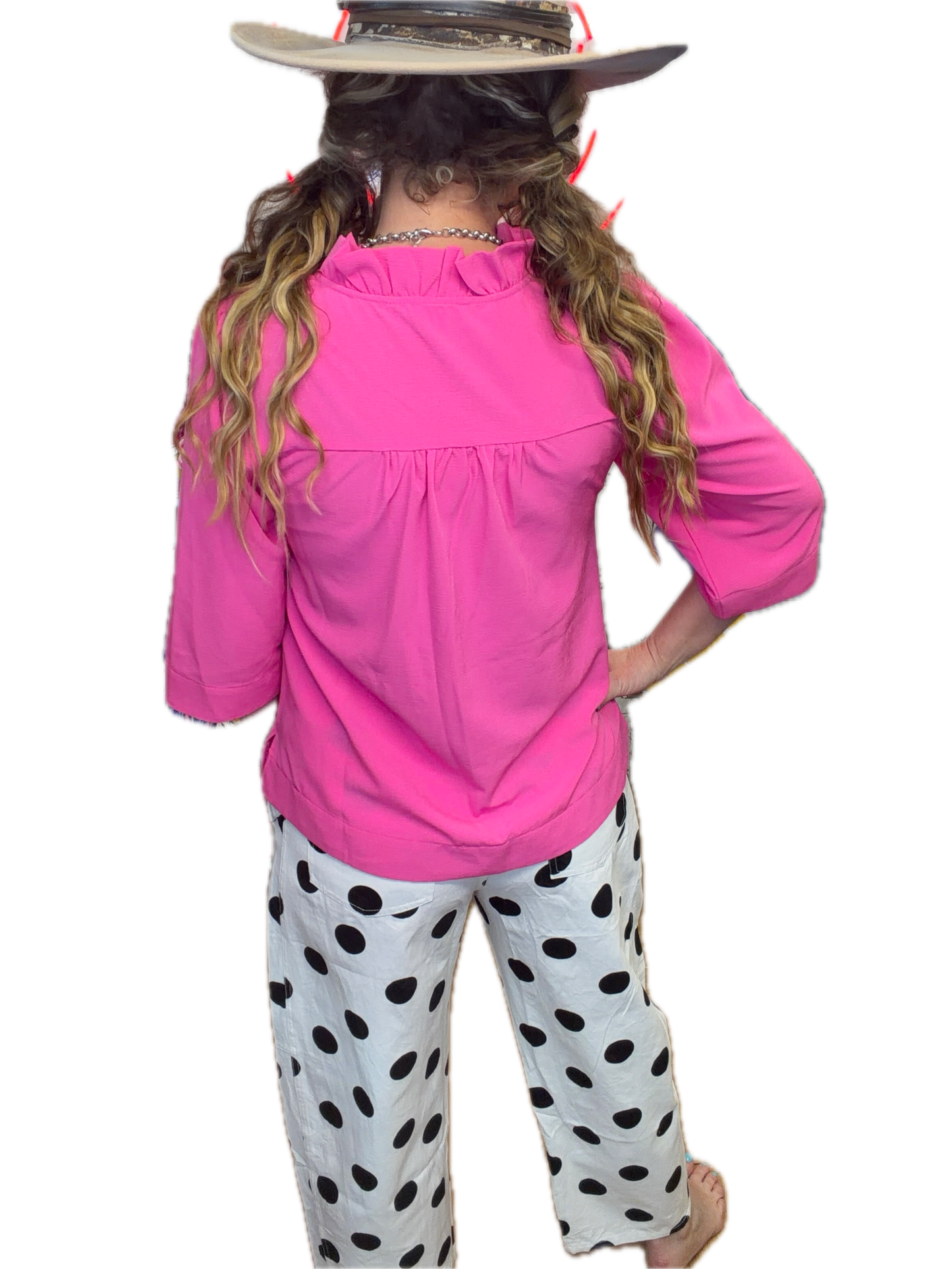 Jodifl- Ruffled Neck Crinkle Solid Top (Hot Pink)