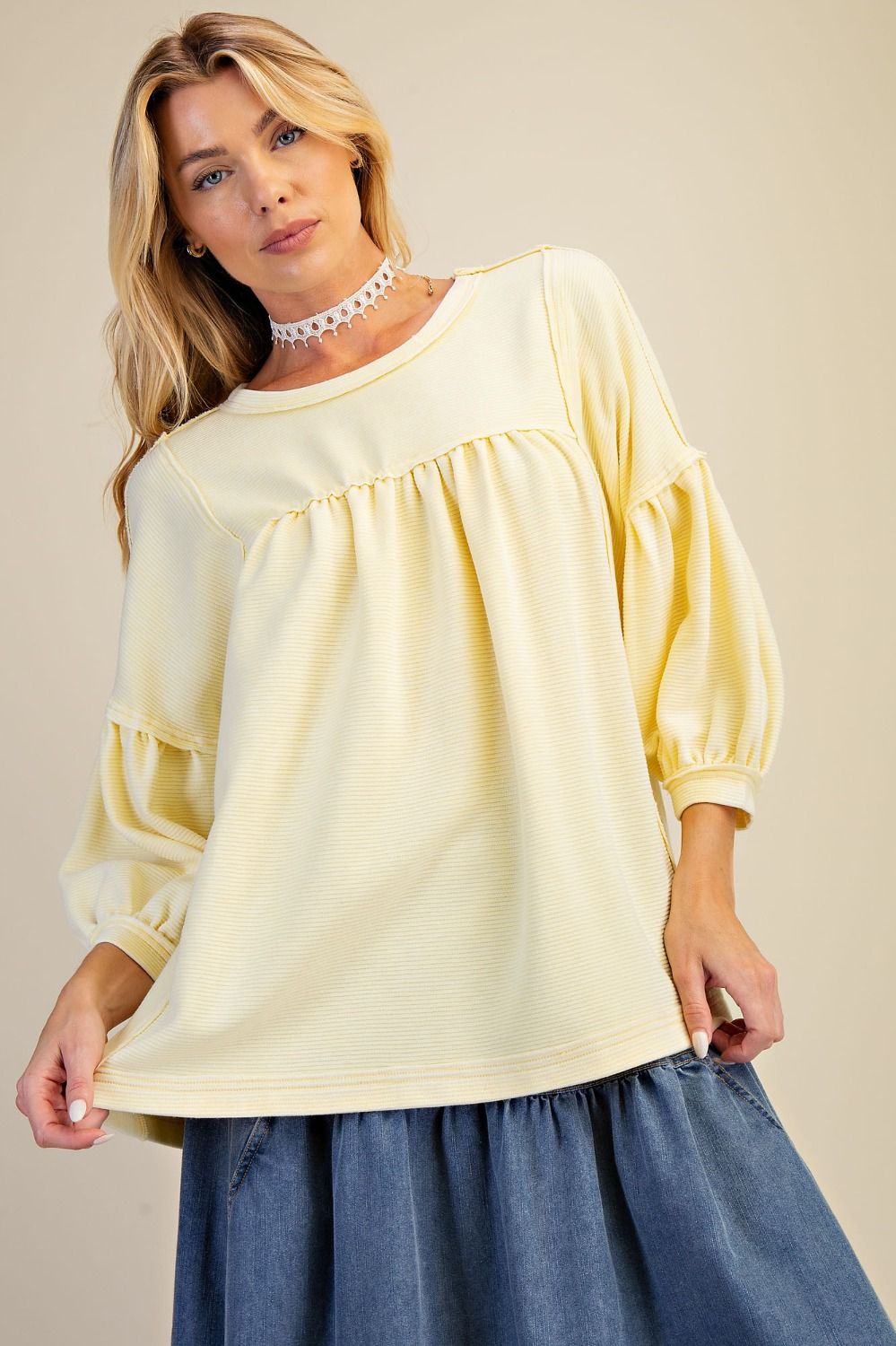 EASEL - Textured Knit Washed Babydoll Top (Lemon)