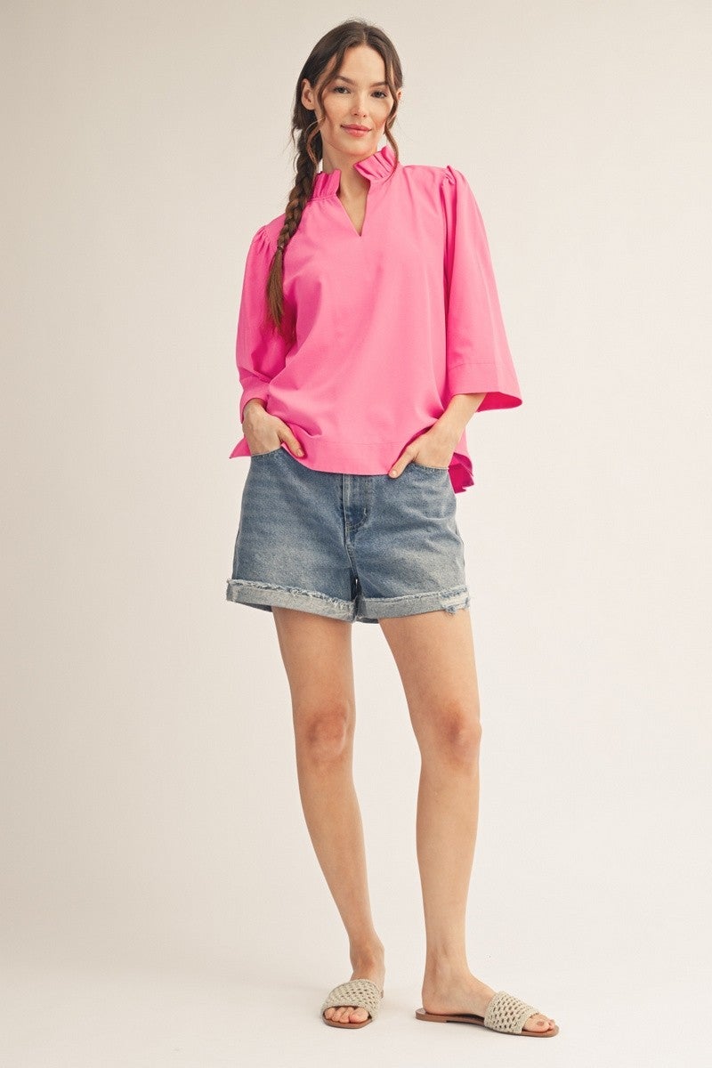 Jodifl- Ruffled Neck Crinkle Solid Top (Hot Pink)
