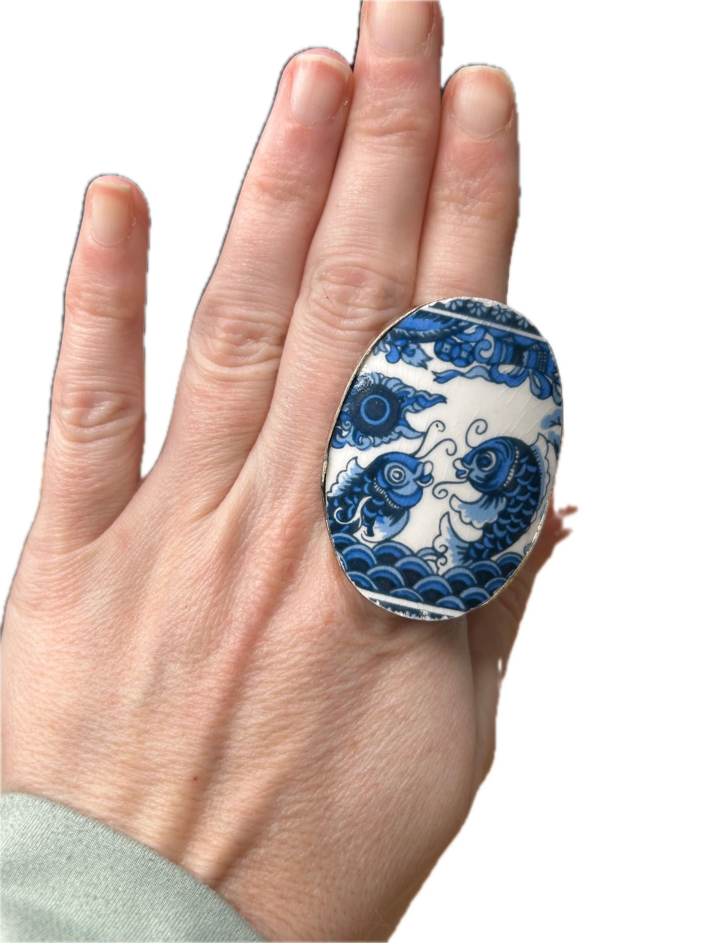 German Silver Vintage China Ring (Blue Coy Fish)