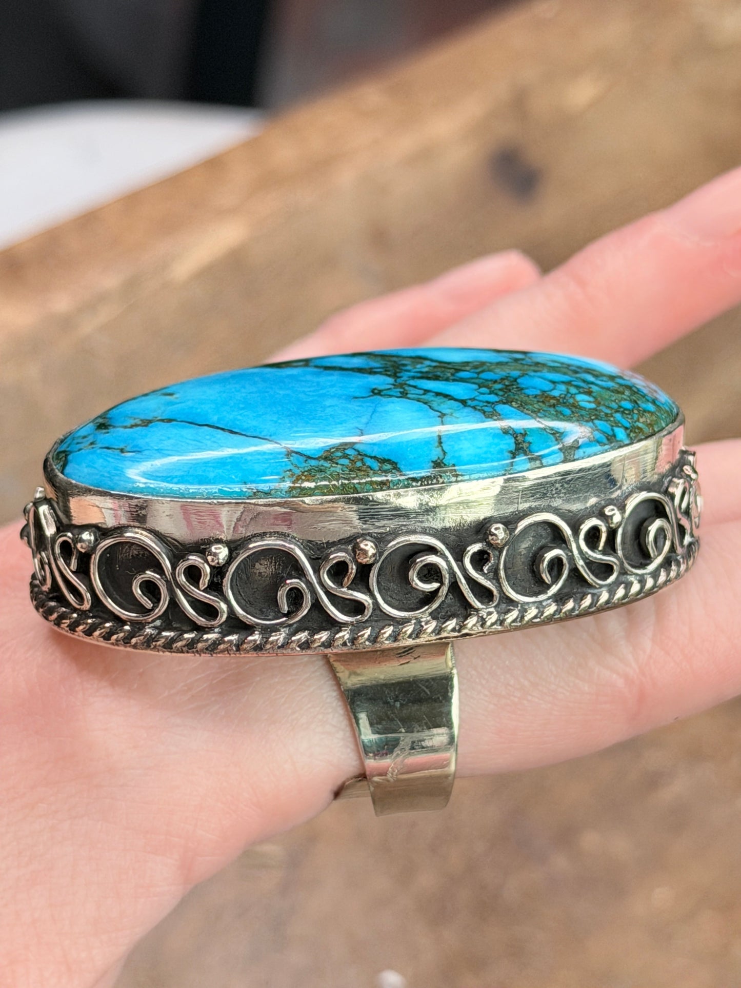 German Silver Large Blue Turquoise Oval Ring