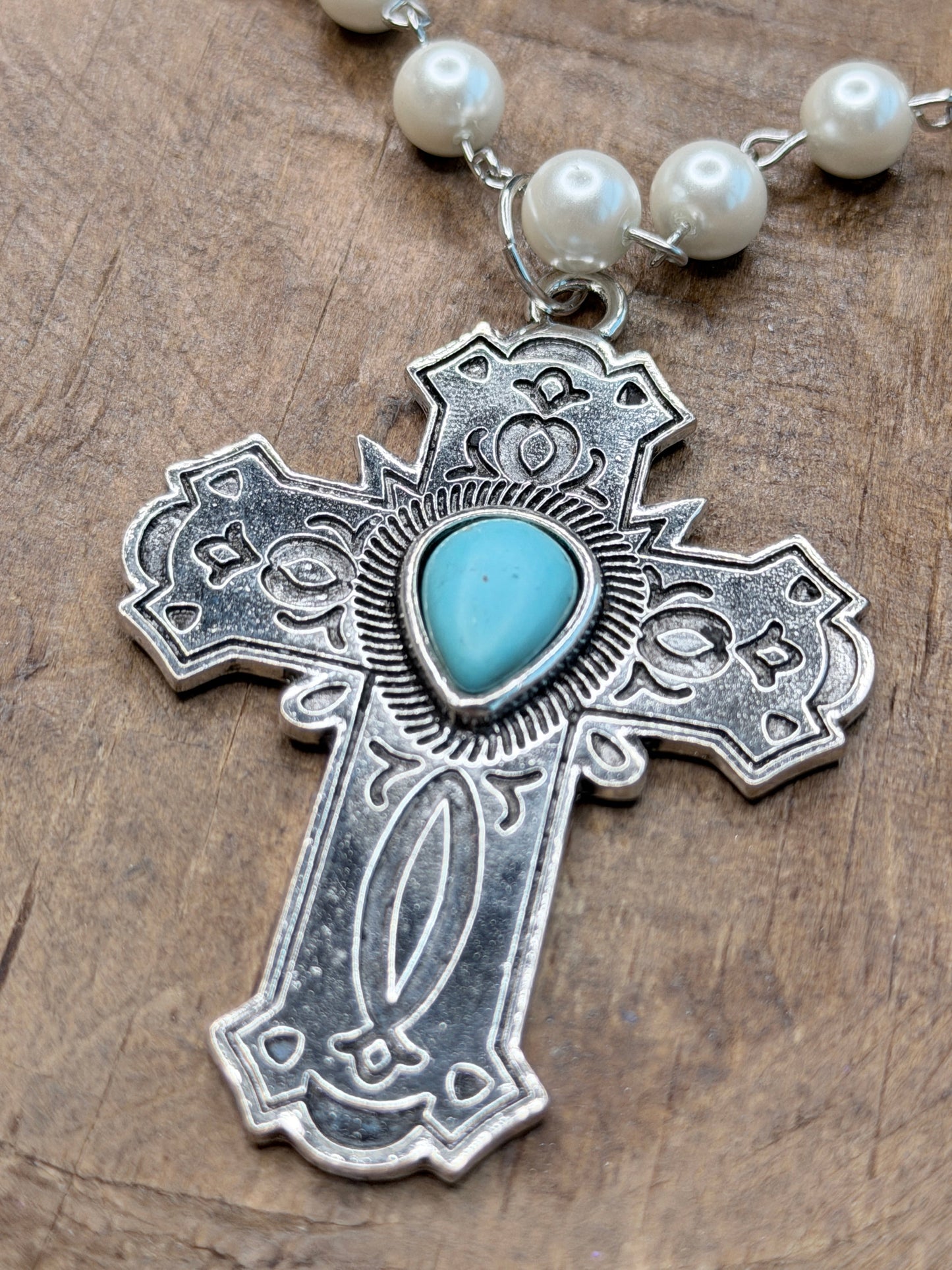 Engraved Silver and Turquoise Cross Necklace