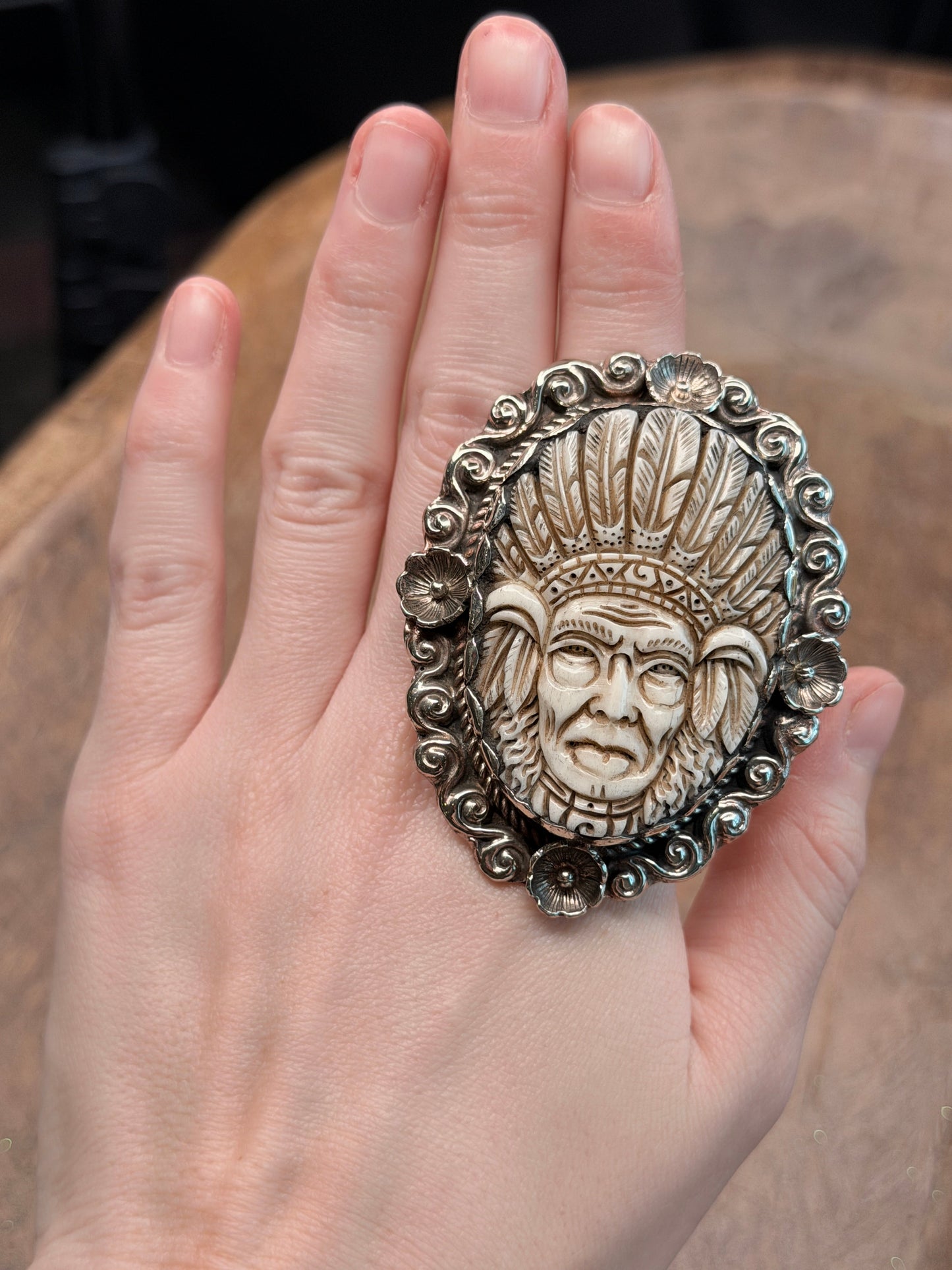 Tibetan Silver Bone Carved Chief Ring