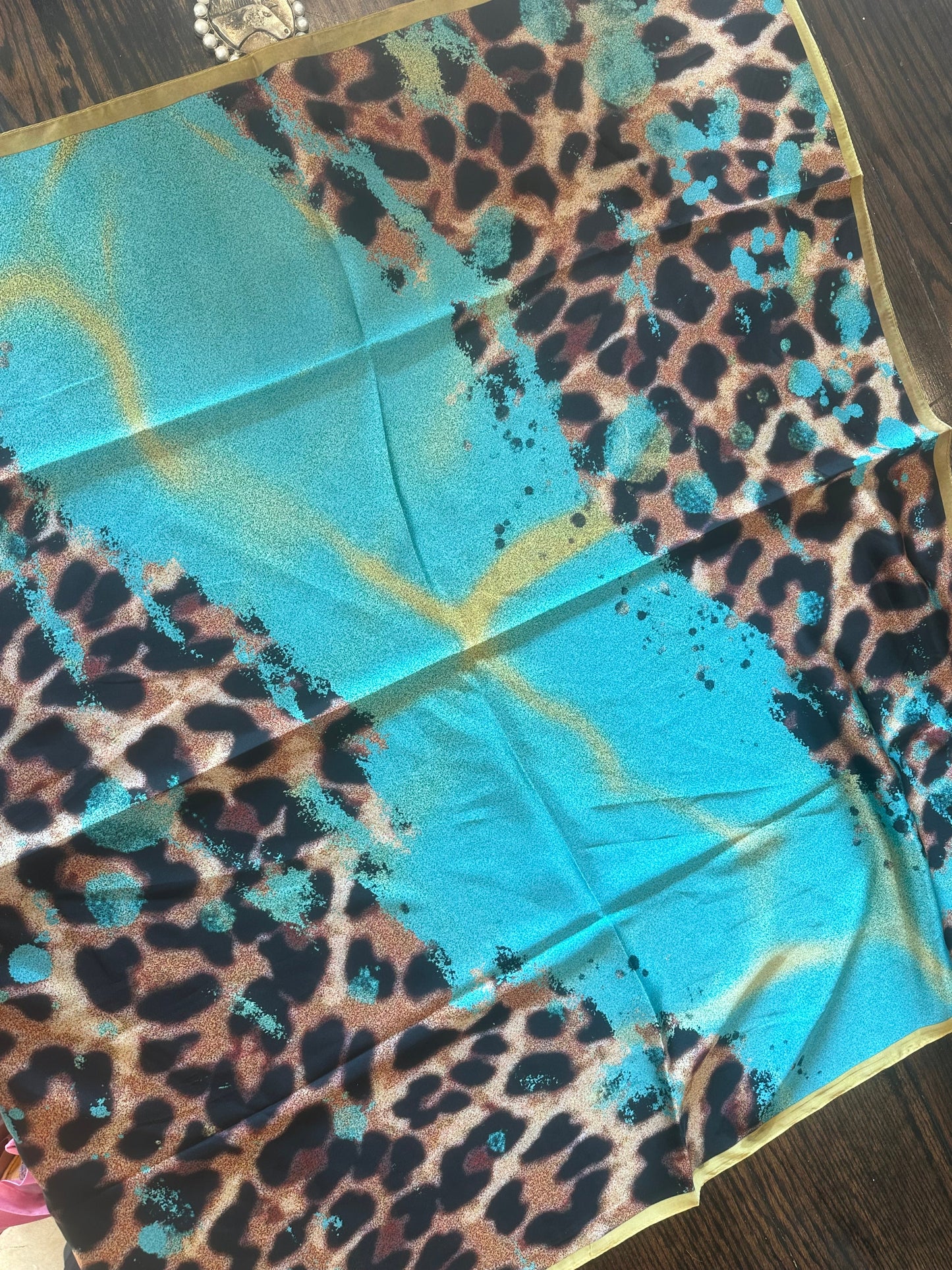 sale A Rare Bird-  Turquoise, Lime and Leopard Wild Rag