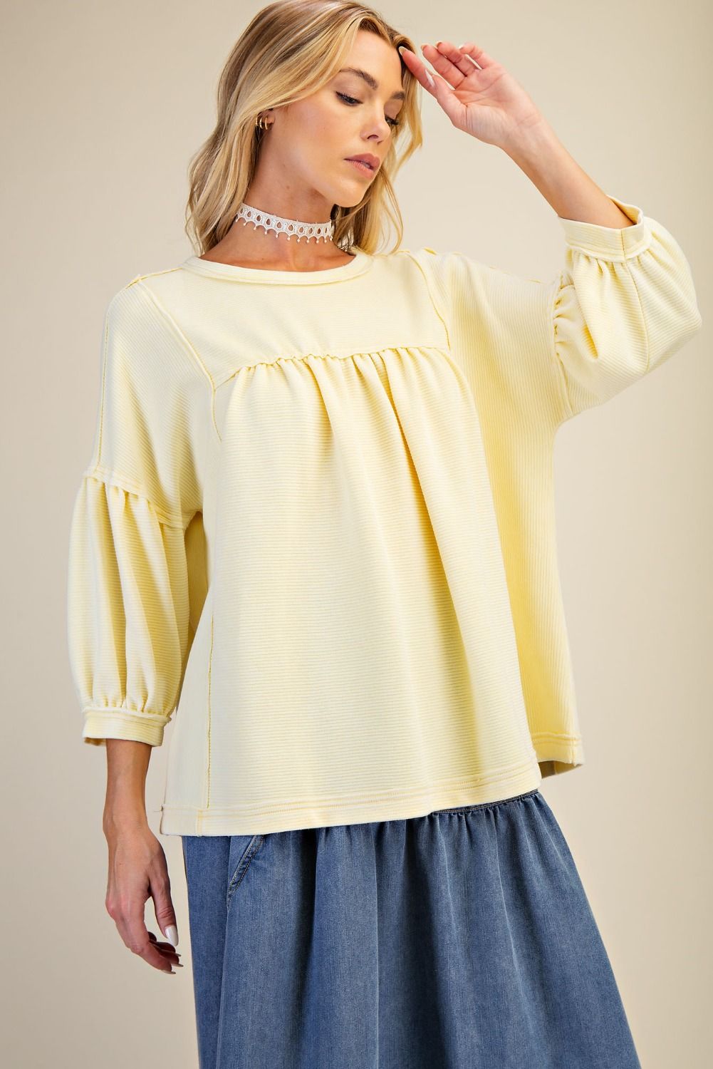 EASEL - Textured Knit Washed Babydoll Top (Lemon)