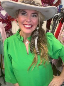 Jodifl- Quarter Sleeve Ruffle Collar Top (Kelly Green)