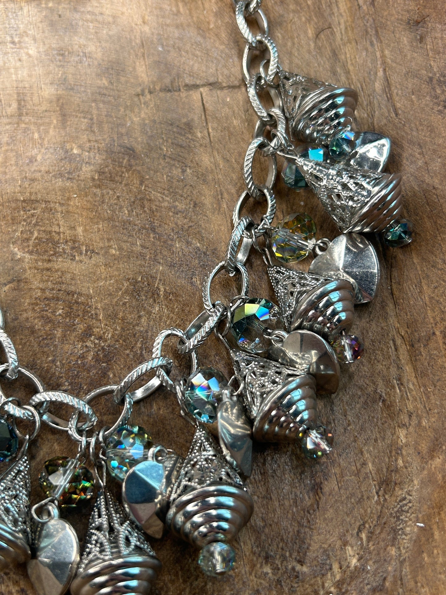 Silver Crystal and Heart Charm Necklace