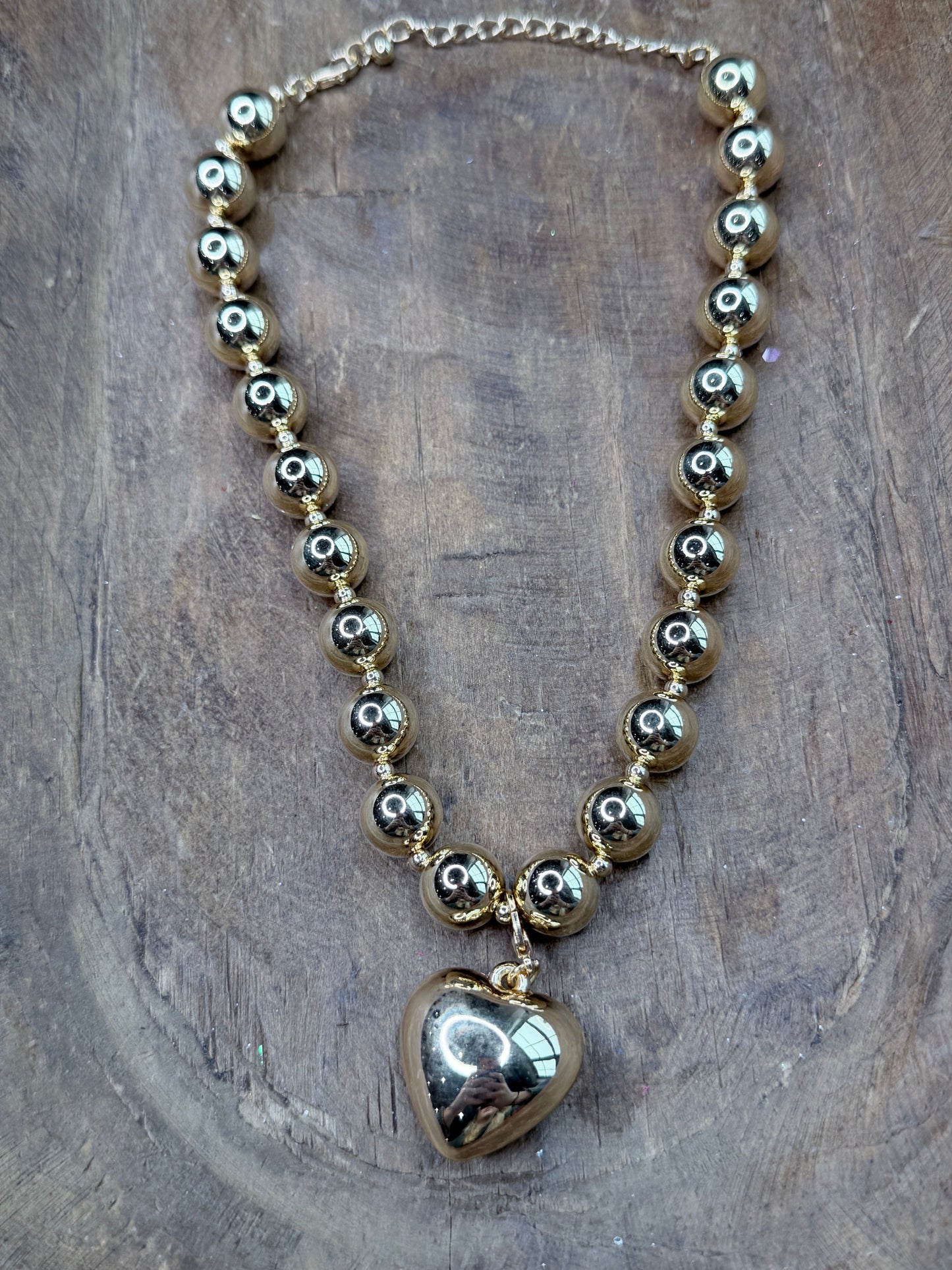 Gold Chunky Pearl Heart Necklace (Small)