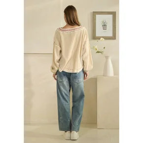 Oli & Hali- Washed X-Stitch Long Sleeve Top (Cream)