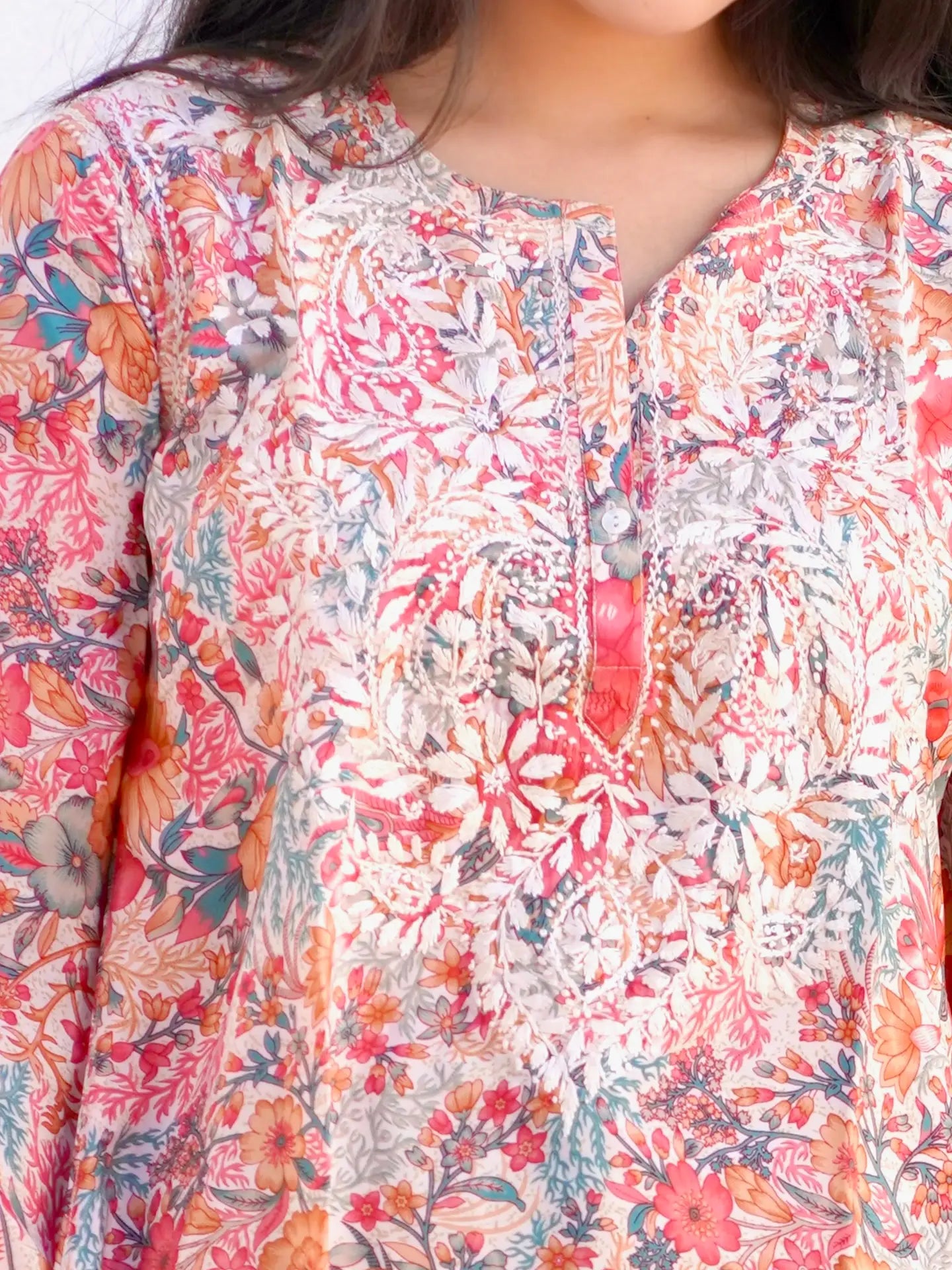 Dolma- Embroidered Teal and Coral Tunic Top *Final Sale*