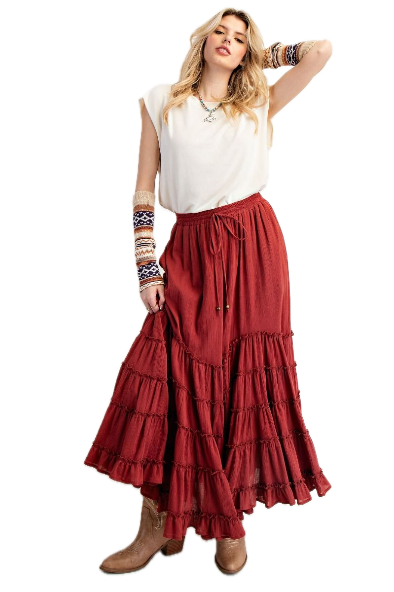 EASEL - Cotton Gauze Tiered Maxi Skirt (Maroon) *Final Sale*