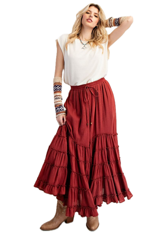 EASEL - Cotton Gauze Tiered Maxi Skirt (Maroon) *Final Sale*