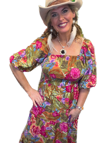 Oddi- Floral Printed Bubble Maxi Dress (Olive Garden)