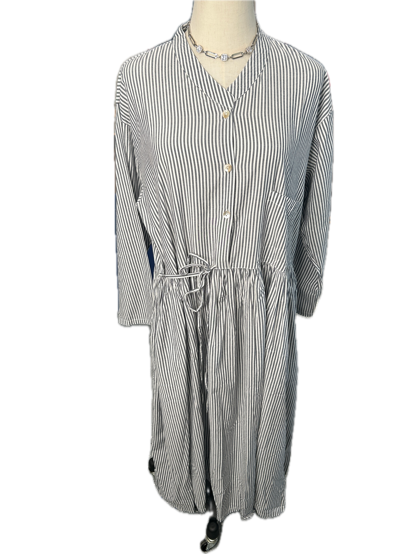 Paper Lace- Striped Long Sleeve Dress (White and Grey) *Final Sale*