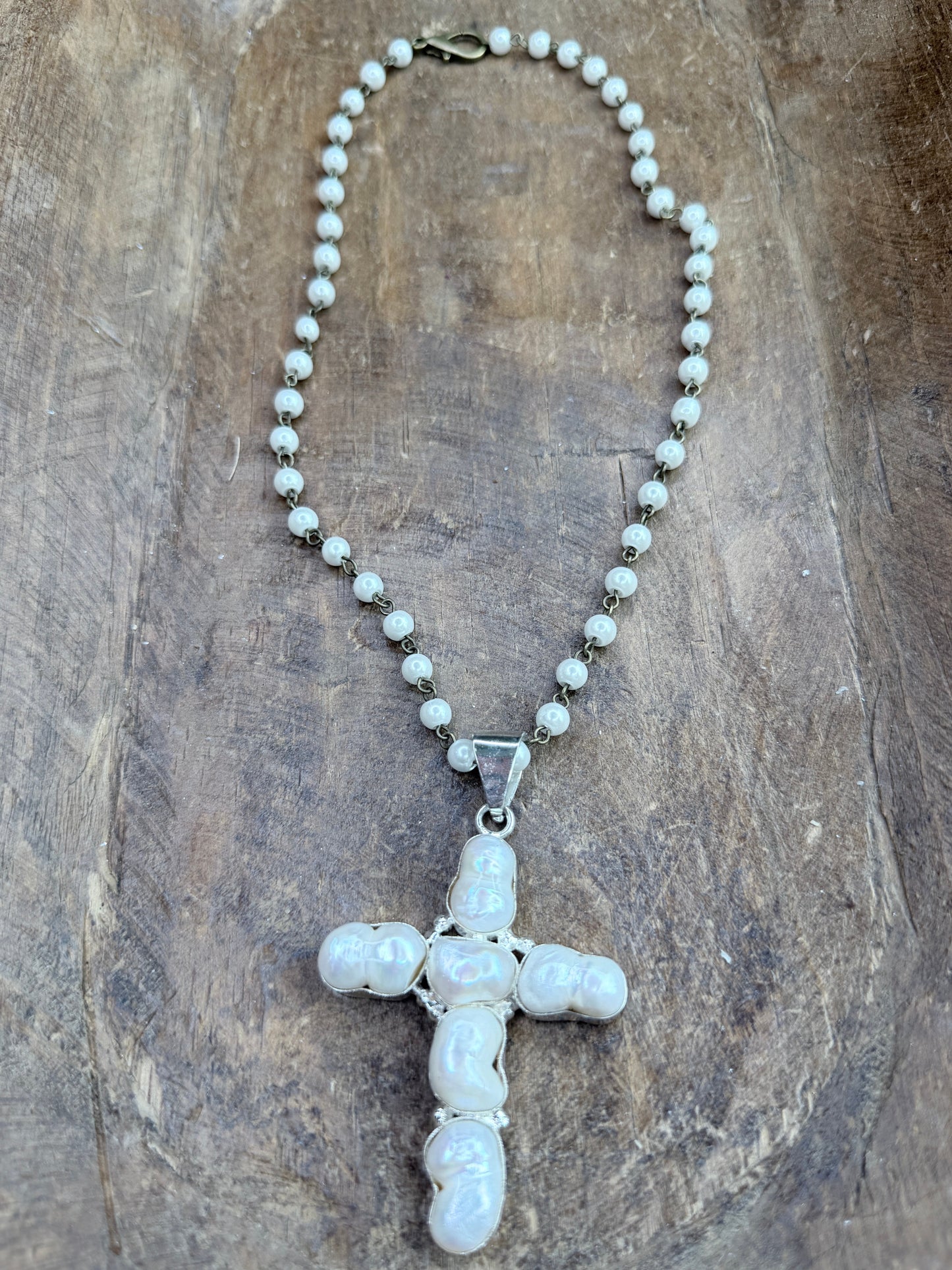 Bryn German Silver Freshwater Pearl Cross Necklace