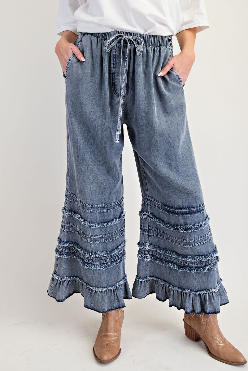 Easel- Self Fray Ruffle Bottom Pants (Dark Denim) *Final Sale*