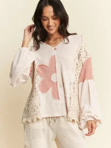 Davi & Dani- Oversized Flower Patch Knit Top (Pink)