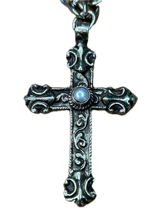 Tibetan Silver Cross Pearl Necklace