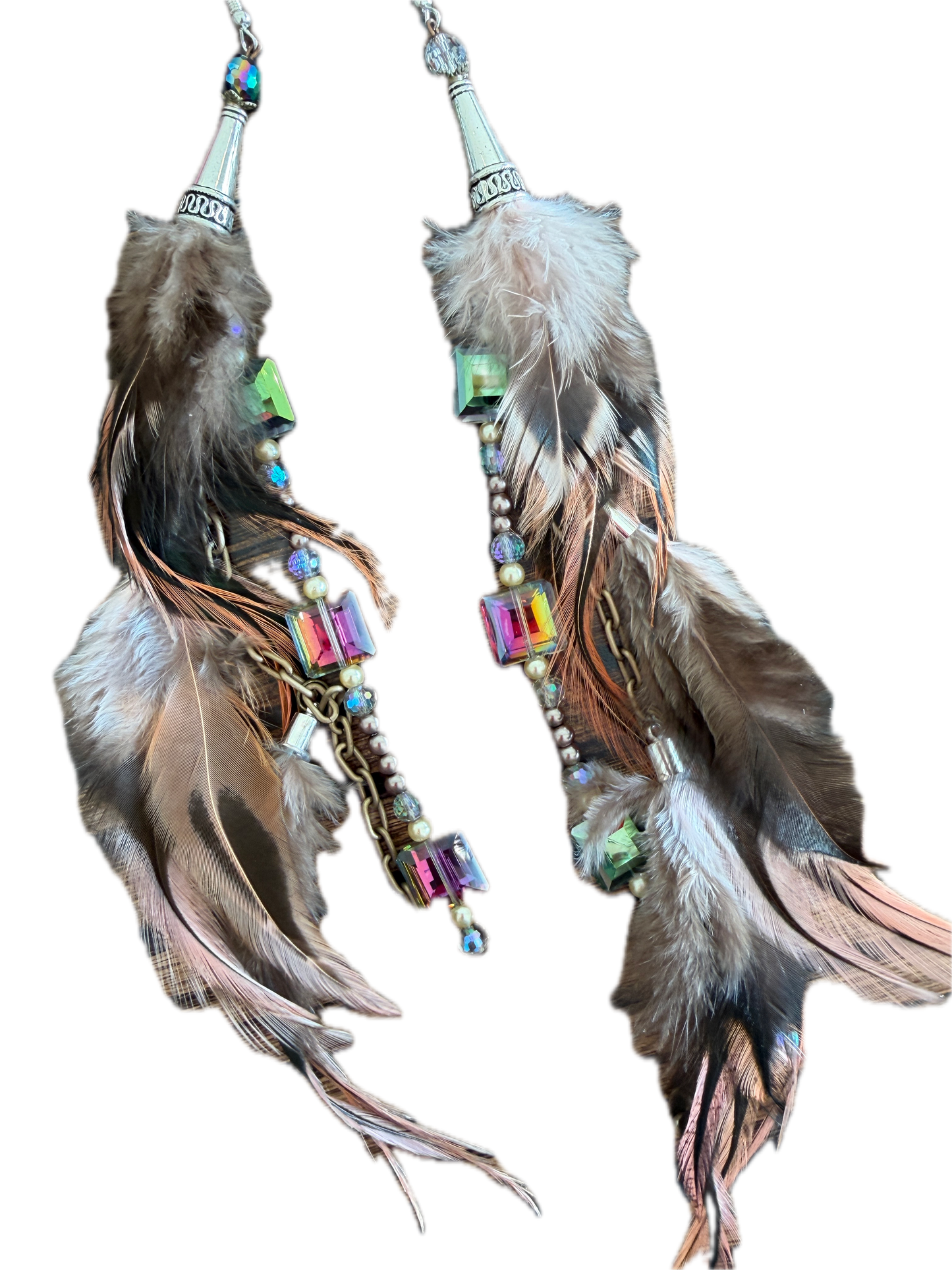 Rare Bird- Long Feather and Rhinestone Bead Earrings
