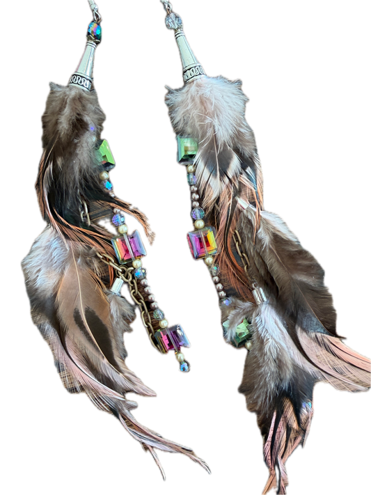 Rare Bird- Long Feather and Rhinestone Bead Earrings