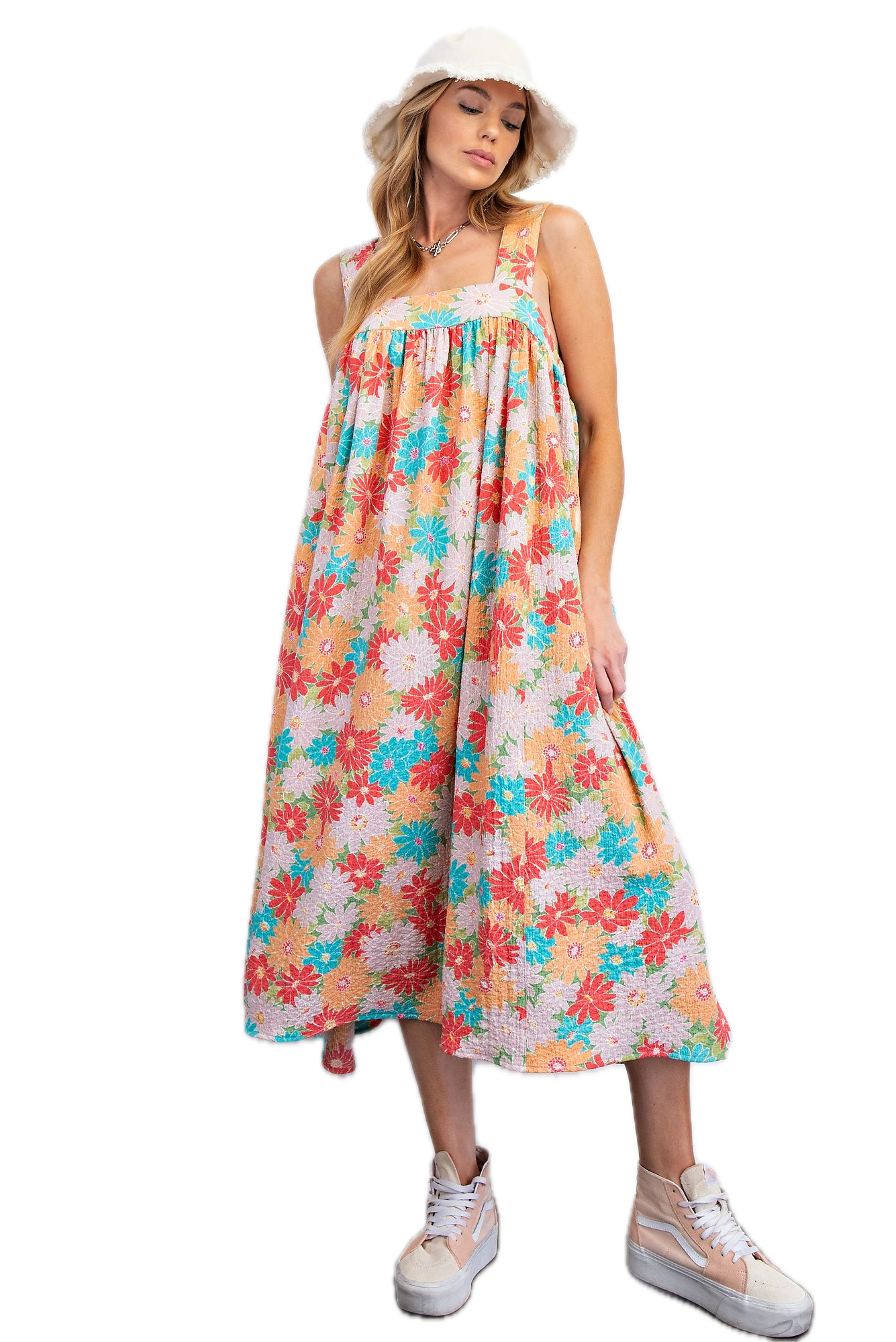 Easel- PRINTED KNIT POPCORN MAXI DRESS (Turquoise Coral) *Final Sale*