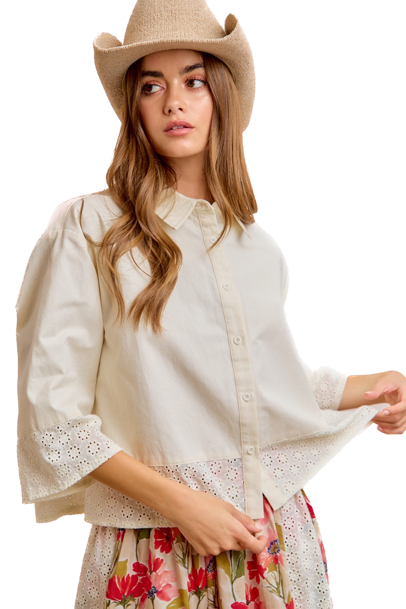 Bibi- Eyelet Lace Hem Quarter Sleeve Top (Butter)