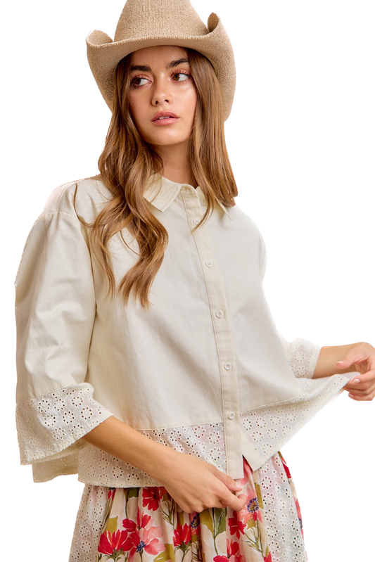 Bibi- Eyelet Lace Hem Quarter Sleeve Top (Butter)