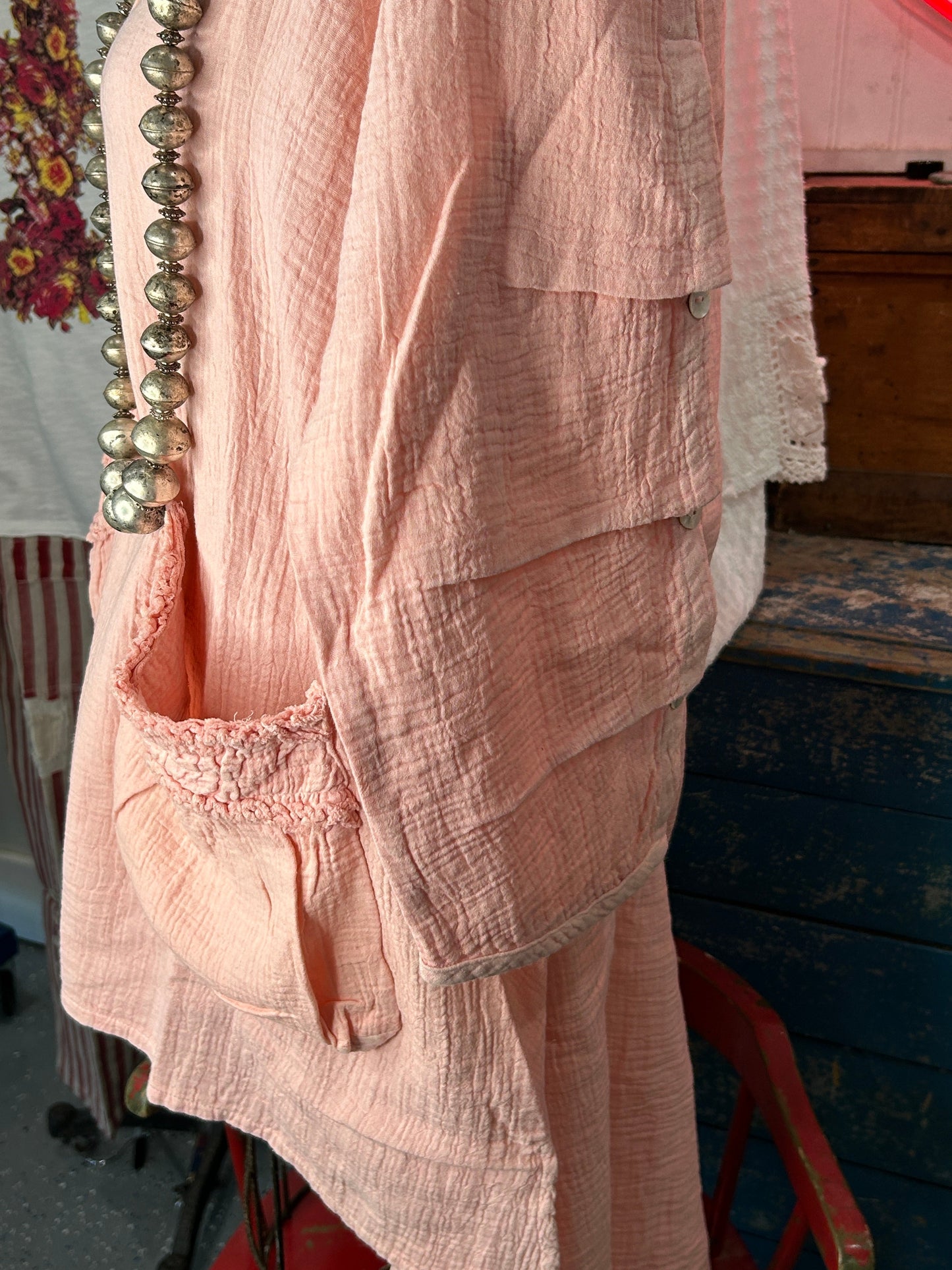 FINAL SALE Paper Lace Vintage Washed Tunic with Button Sleeves (Pink)