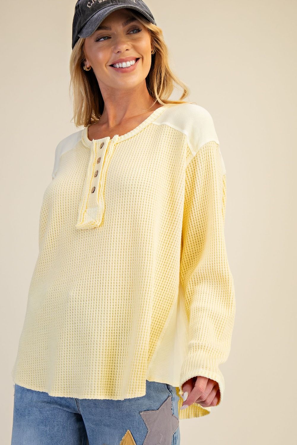 EASEL - Washed Thermal Henley Top (Banana) *Final Sale*