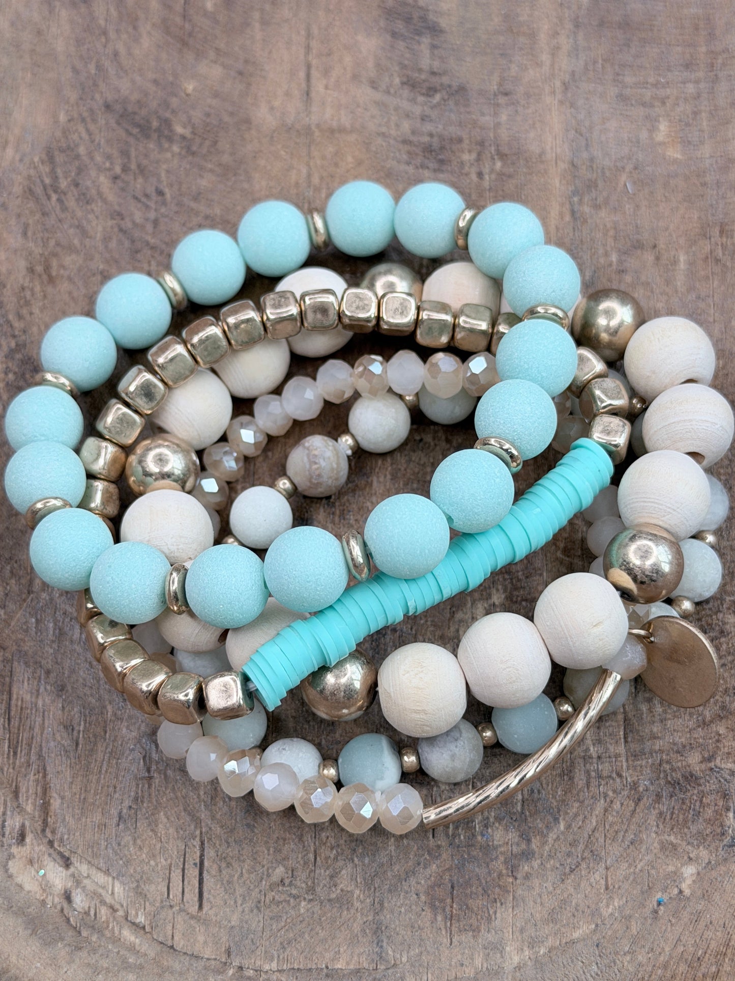 Bri Teal and Gold Crystal Beaded Bracelet Stack