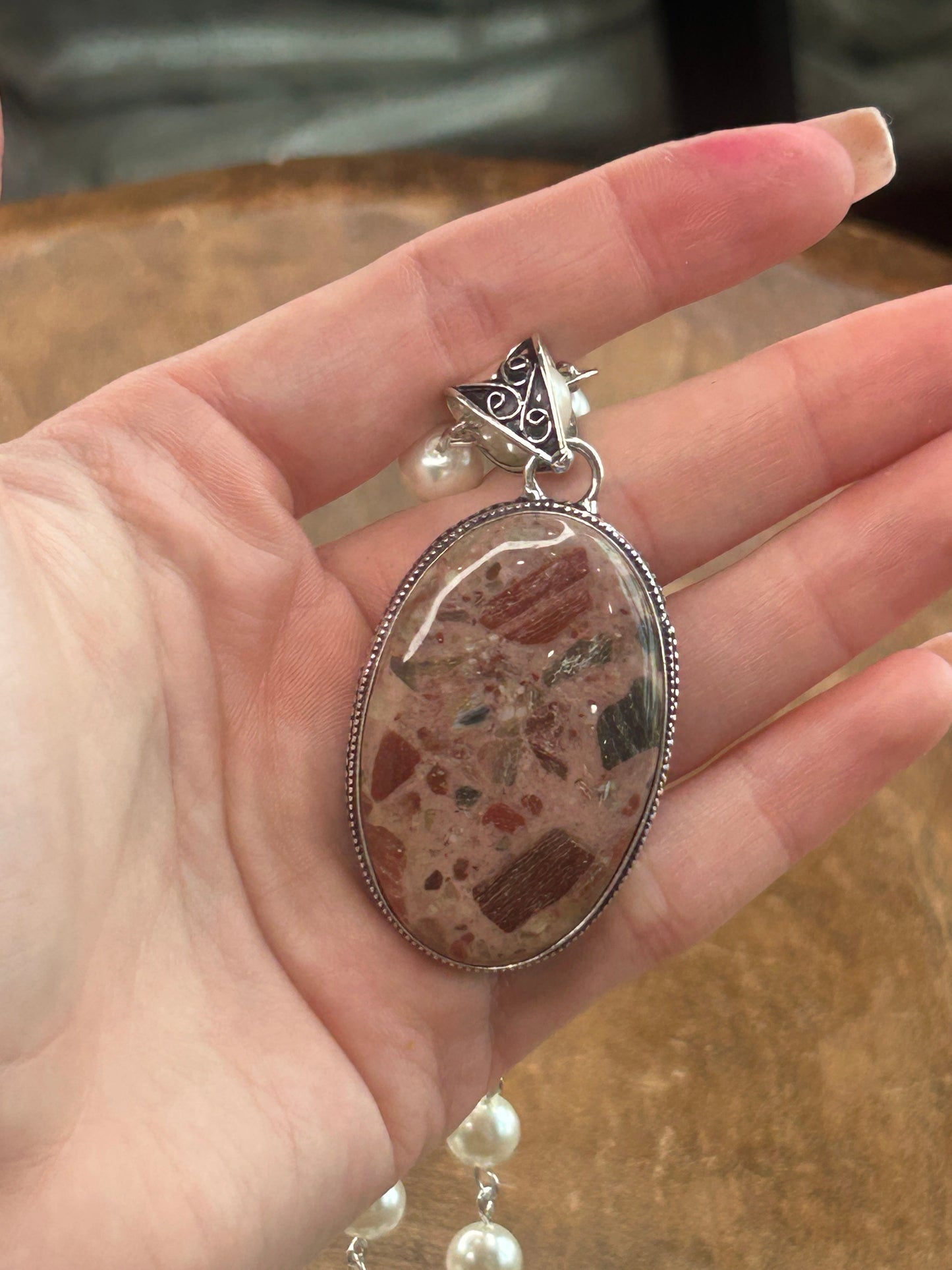 German Silver Chert Breccia Oval Necklace B