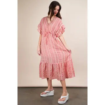 Very J Embroidered Boho Ruffled Midi Dress in Peach *Final Sale*
